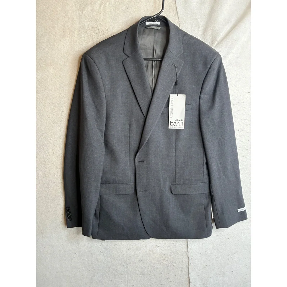 NWT Bar III Mens Slim Fit Power Stretch Suit Jacket Charcoal Gray Wool Blend 46R